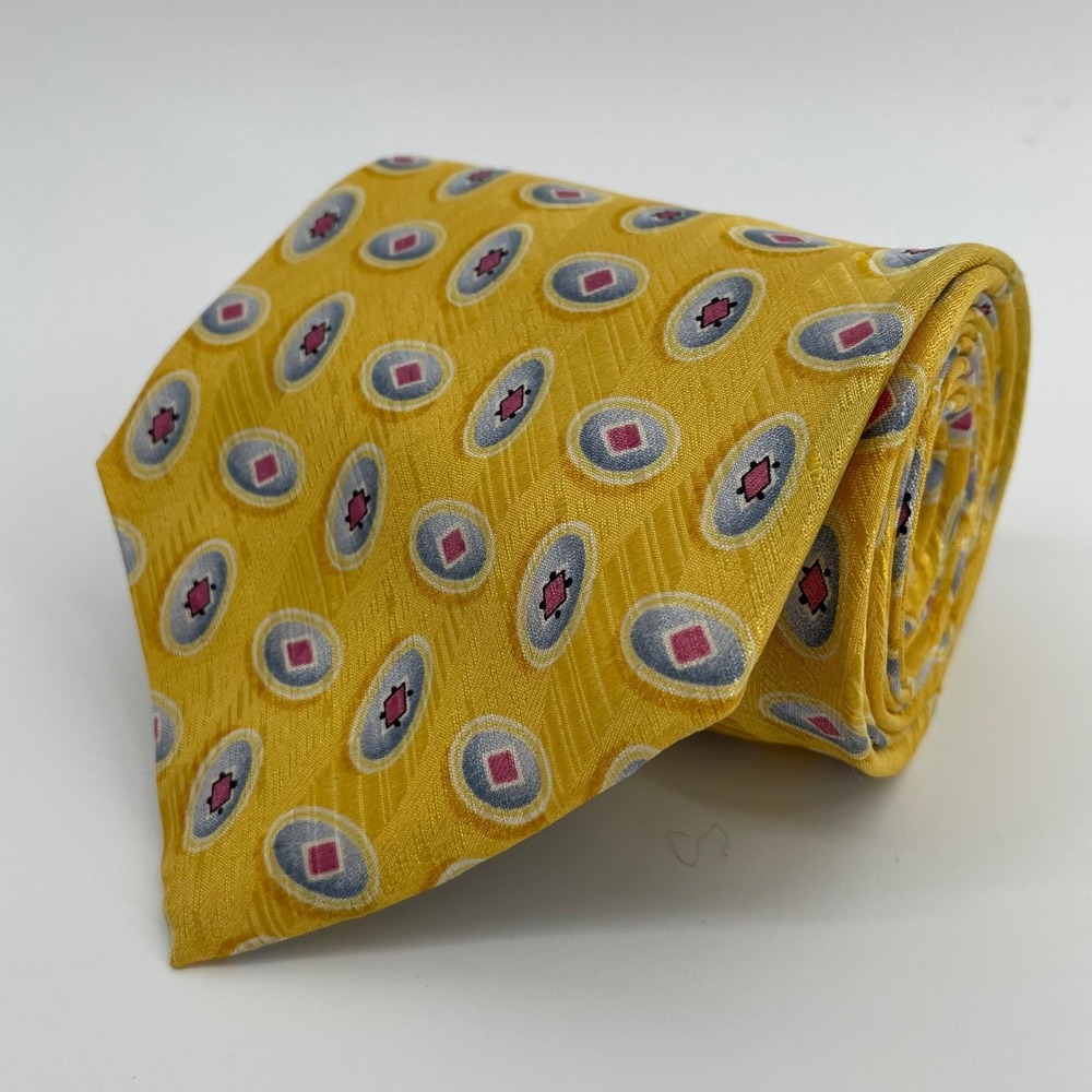 Jos. A. Bank Men's Silk Tie Yellow Blue Pink Geometric Medallion Made in Italy